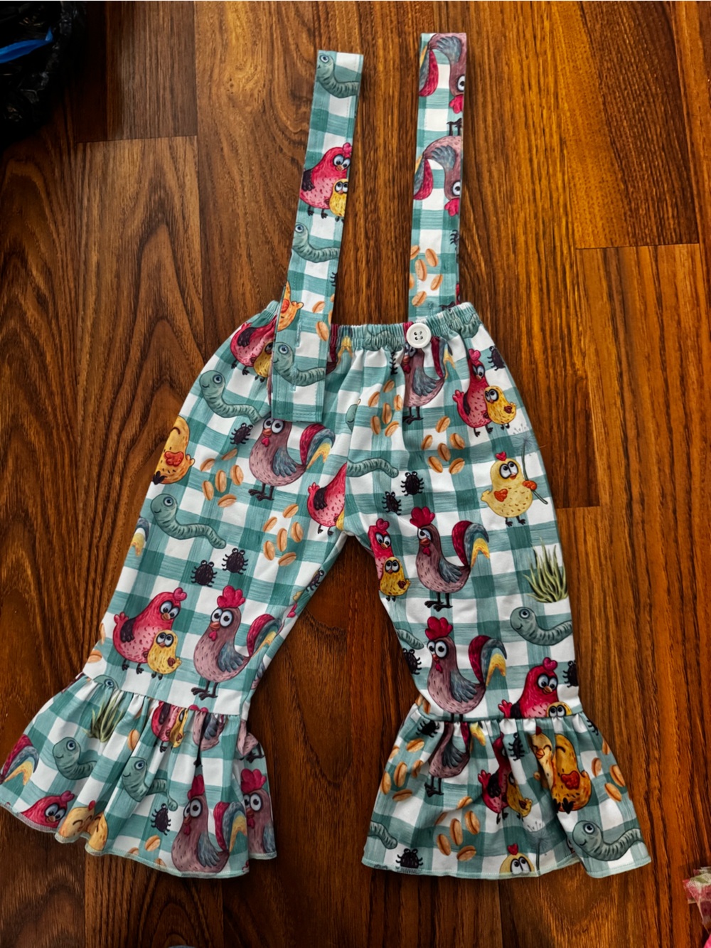 Kids Green Gingham Rooster Print Ruffle Suspender Pants